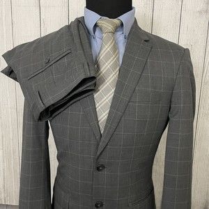 Jos. A. Bank 38L - W32 x L34 Gray Windowpane 100% Wool 2-Button Suit